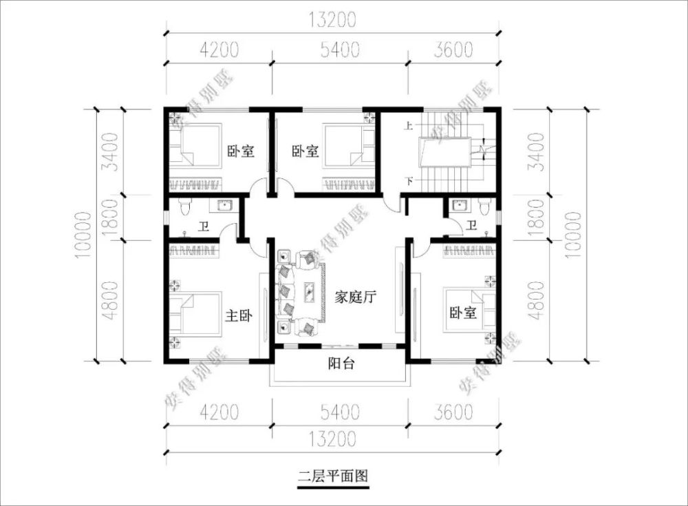 二层为四房一厅两卫,两间朝南卧室,两间朝北卧室;在农村作为儿子的