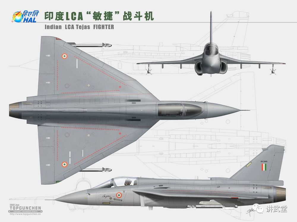 lca的三视图,机翼最前部后掠角明显较小,与f-16那种带大后掠角边条