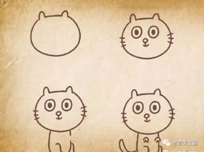 接下来教大家画坐着的小猫咪,同理也是先画猫的脸,然后画坐着的身体