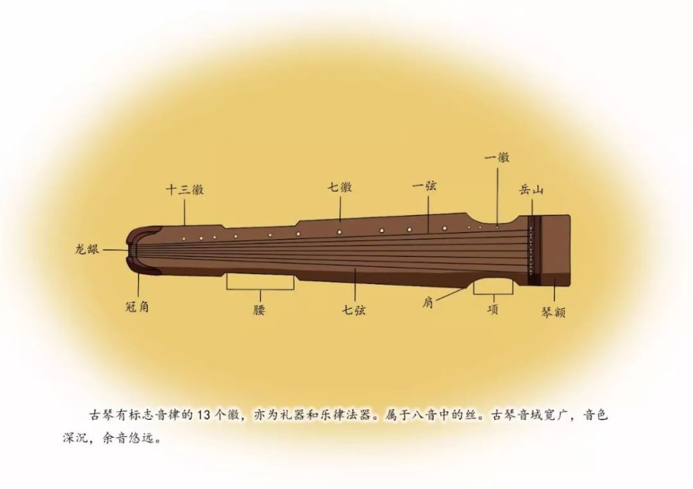 古琴有标志音律的13个徽,亦为礼器和乐律法器.属于八音中的丝.