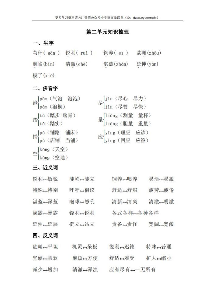 人教版语文三至六年级下册第二单元知识点归纳梳理