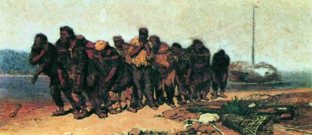 名画鉴赏:伏尔加河上的纤夫 俄国 列宾 布上油画
