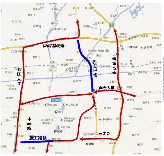 东西方向有海阳路,森园路,龙腾路,红旗大道,泰渔路,阳光大道,运河路等