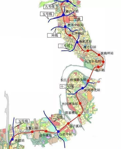 45km,共设19座车站,设白居寺跨江大桥(已作为节点先期建设)和九渡口跨