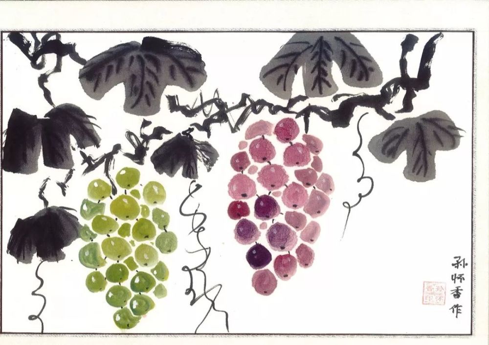 点评:葡萄用色非常水灵剔透,是一幅很好的作品,建议在叶片和藤蔓枝干