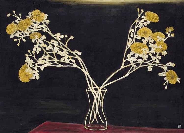 《瓶菊 50年代作纤维板油彩 常玉 作.