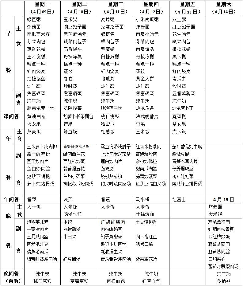 都江堰市嘉祥外国学校 小学低段(自助餐 )第6周食谱