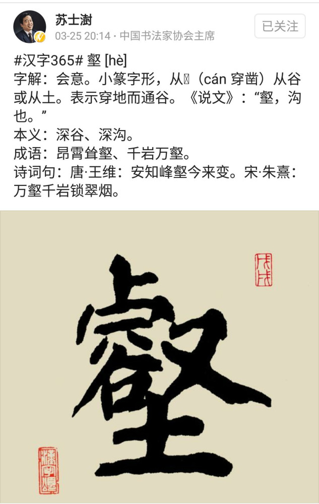 中书协主席苏士澍单字书法:自晒一片叫好,别人晒
