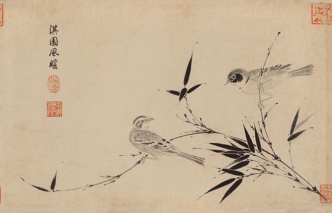 宋徽宗在《写生珍禽图》里发挥了自己认真严谨的特长,画竹子别出心裁