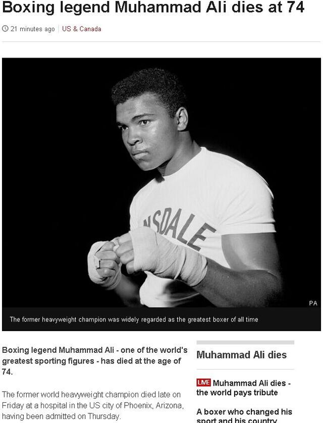 全球媒体关注阿里去世 赞其为最有爱心运动员