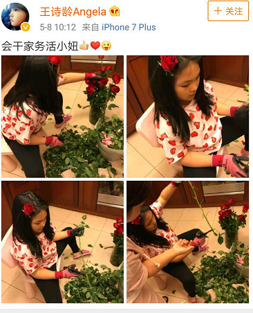 李湘晒王诗龄插花 头上别一朵玫瑰也是很有情调了