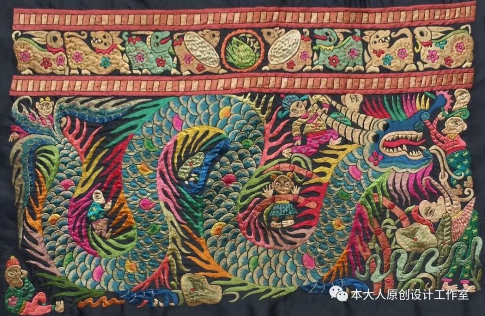 似乎是以图叙事,并常和其它动物纹样组合织绣在一起来表现喜庆景象