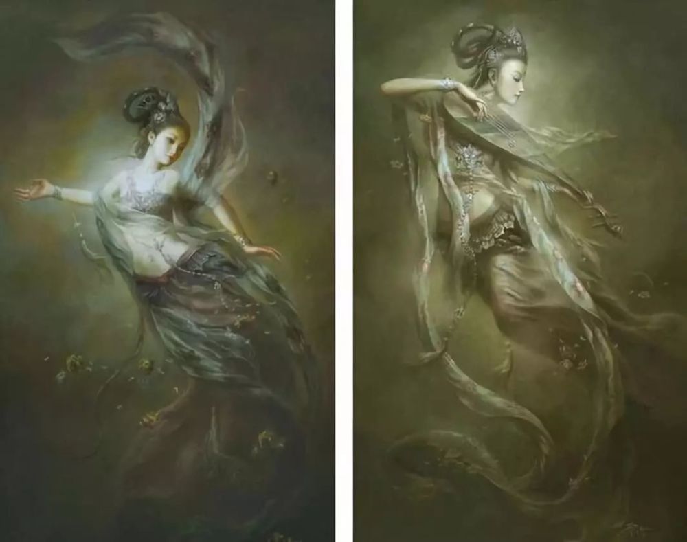 中国画家曾浩的油画作品《敦煌壁画飞天神女》每一幅都精美动人,惟妙
