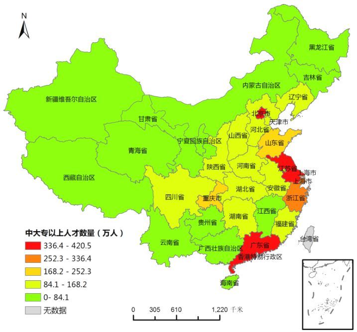 图:2016年各省市城镇单位从业人口中大专以上人才数量分布图