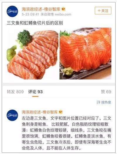 从鱼肉来看,三文鱼颜色更加鲜亮,脂肪线更加清晰,而虹鳟鱼肉颜色是