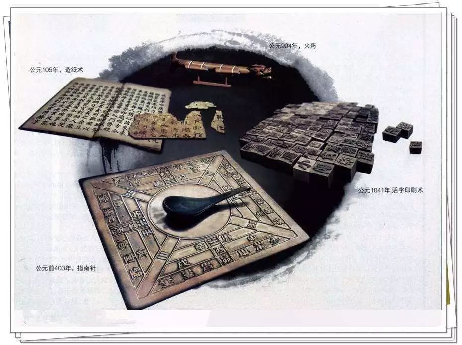 四大发明:造纸术,印刷术,火药,指南针.