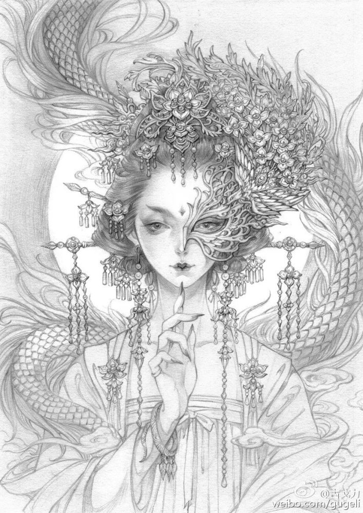 插画,古戈力,绘画,手绘,半面妆,朱颜