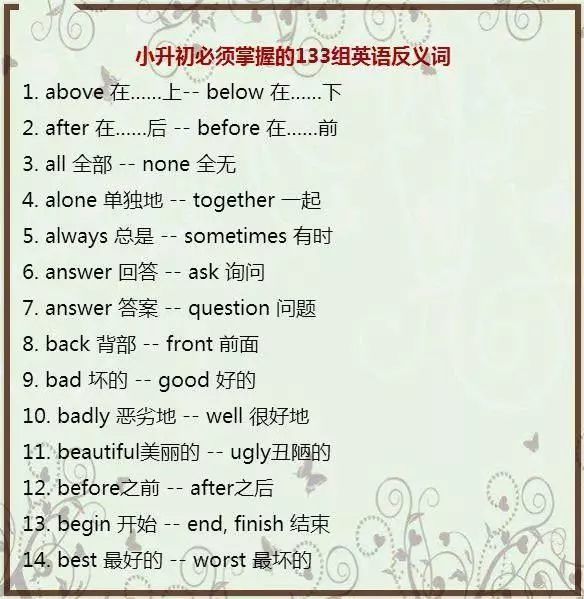 英语老师:这133组反义词,逢考必出!孩子