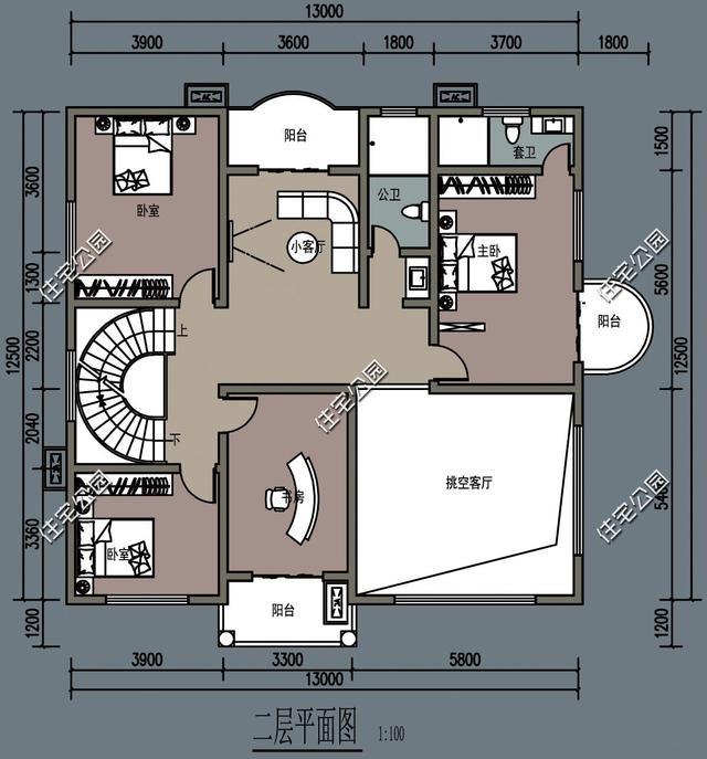 13x11米三层房屋设计图,10米乘13米自建房图纸 13x11米农村别墅,挑空大厅旋转楼梯,时尚乡村生活