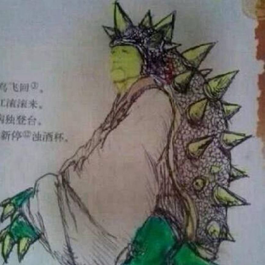 学生课本涂鸦,杜甫成了"大怪兽",日本老爷爷秒变少女!