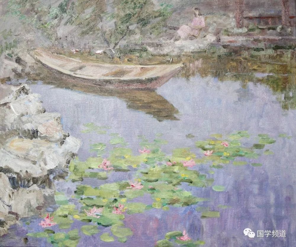 世界著名油画家——根纳季绘画创作《静静的水中荷花》