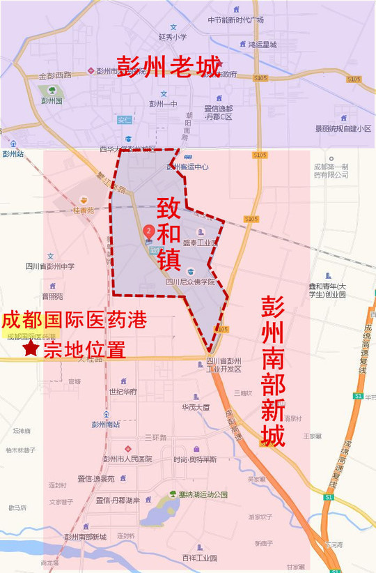 该区域地处彭州南部新城,是彭州市向南发展的主区域,也是彭州市的工业