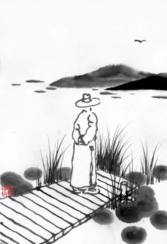老树画画:一湖秋水寂寂,无边蒹葭苍苍