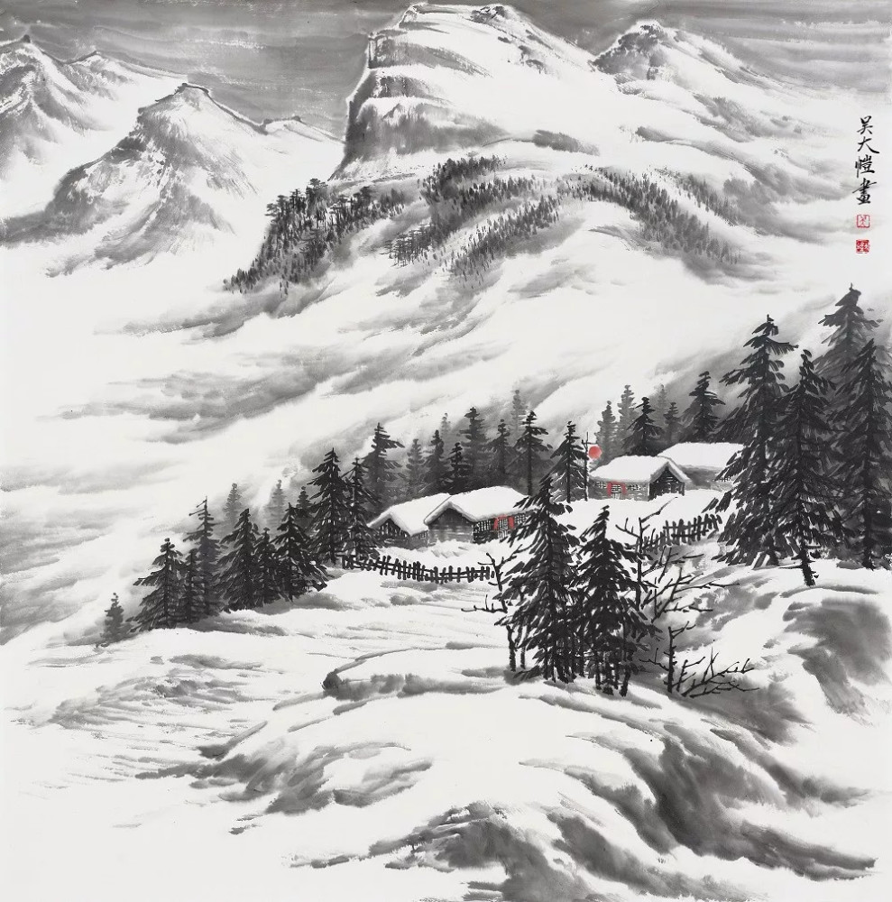 吴大恺  东北雪景山水画 纸本水墨  纵68厘米 横68厘米