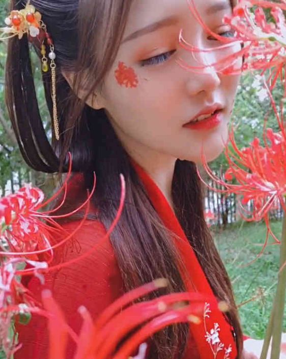 红衣汉服小姐姐火了,彼岸花旁睹物思人,网友:一见误终生