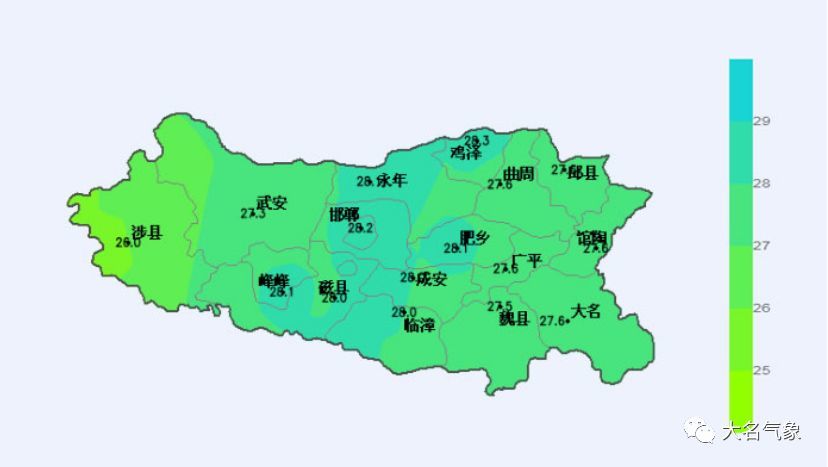 3℃,涉县平均值最低26.0℃,邯郸市区平均值为28.2℃.