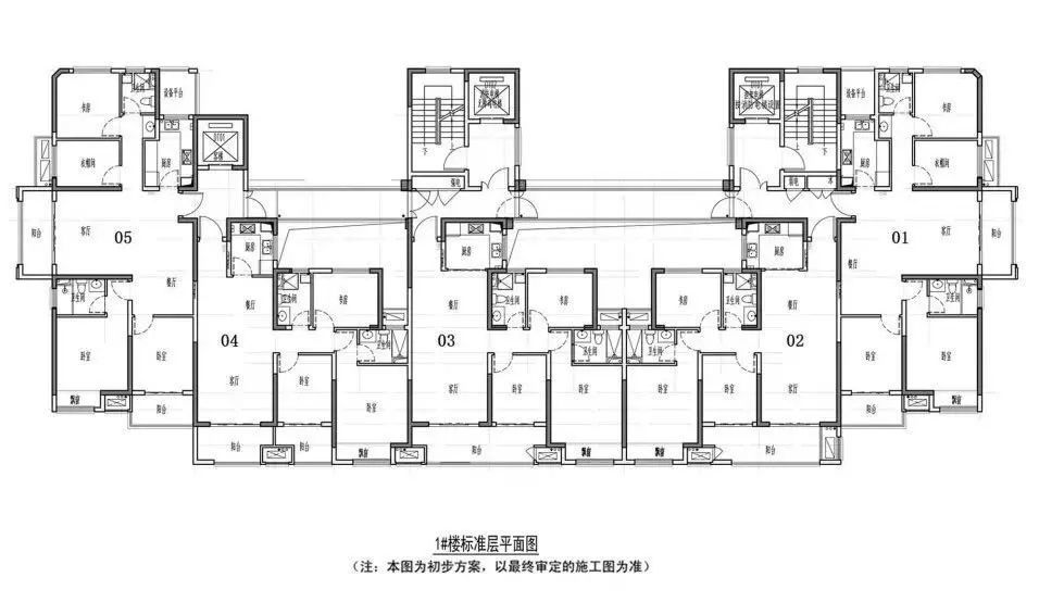 1#楼27f,一个单元,2梯5户,中间户为3房设计,东西边户为4房设计.