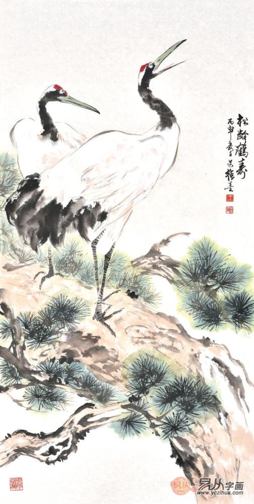 国画家王文强四尺竖幅写意花鸟画松鹤图《松龄鹤寿》(作品来源:易从网