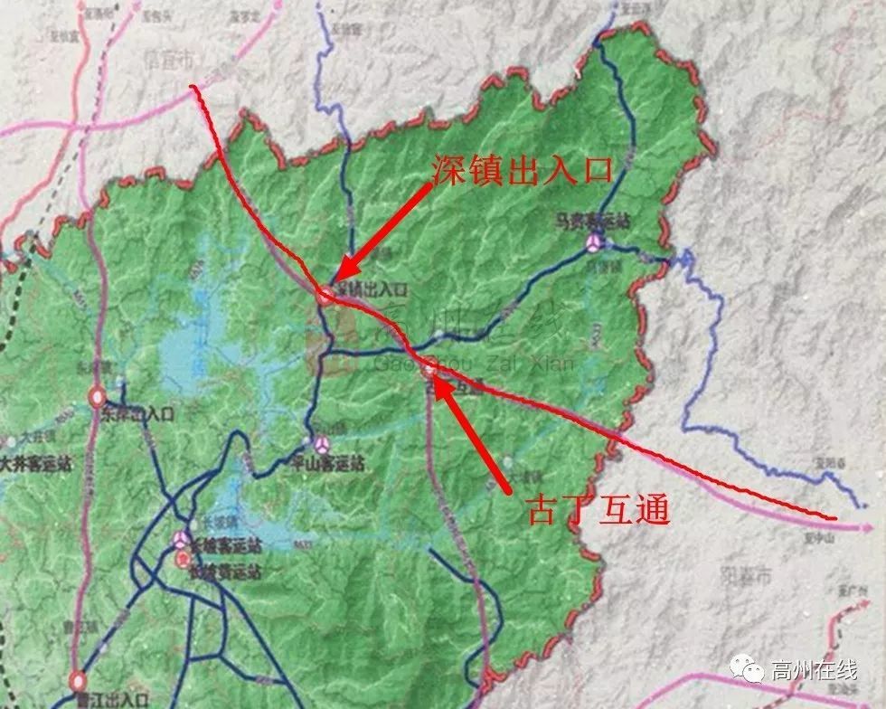 从相关规划图可以看到,中高高速公路高州段主线途径古丁,大坡,平山,深