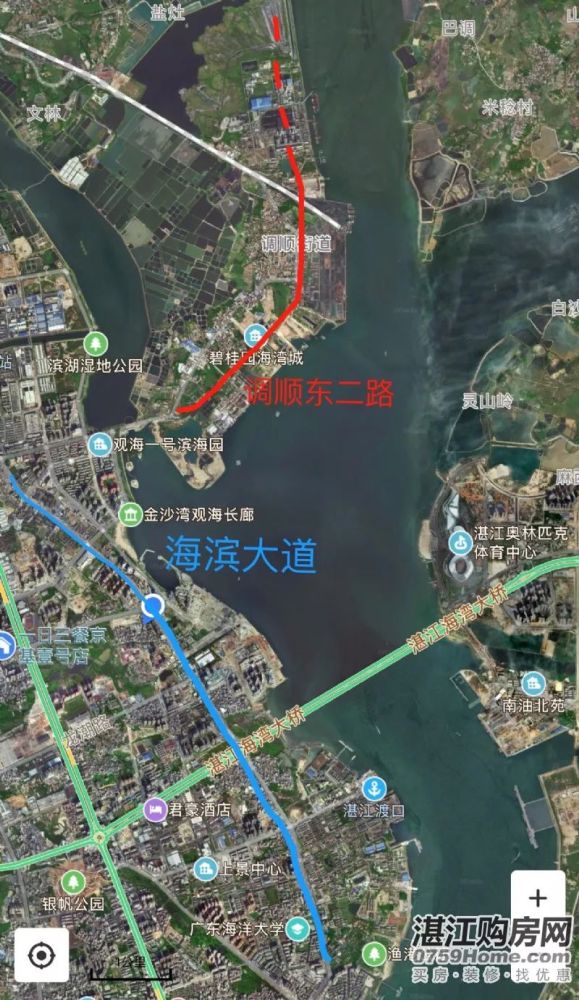 在更大比例尺的卫星图上看湛江一湾两岸的地理位置.