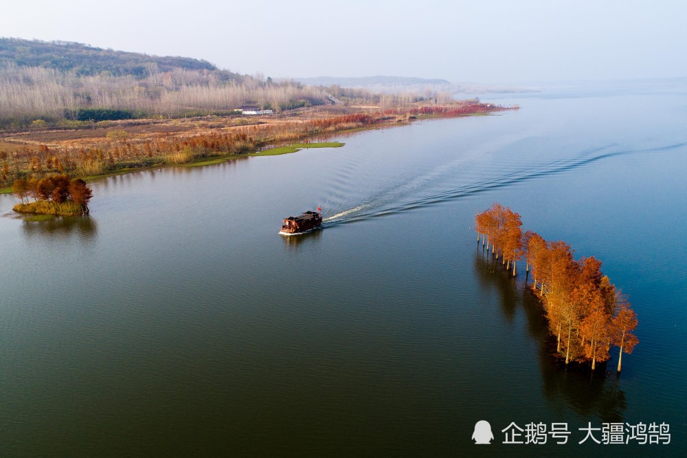 2018年11月24日,游人乘船在盱眙县天泉湖"水上森林"景区内游览(无人机