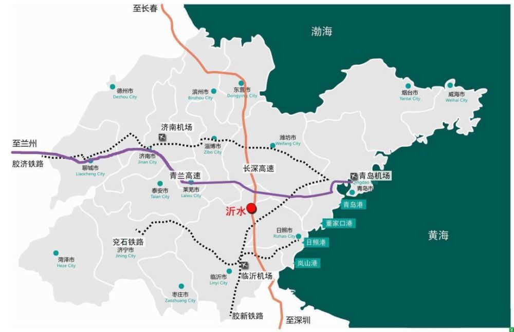 港,日照港,岚山港三大口岸 北靠胶济铁路,济青高速公路 南依兖石铁路