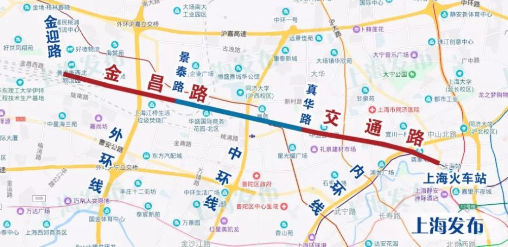 金昌路-交通路是一条 横跨嘉定-普陀-静安 3个行政区的主要交通干道