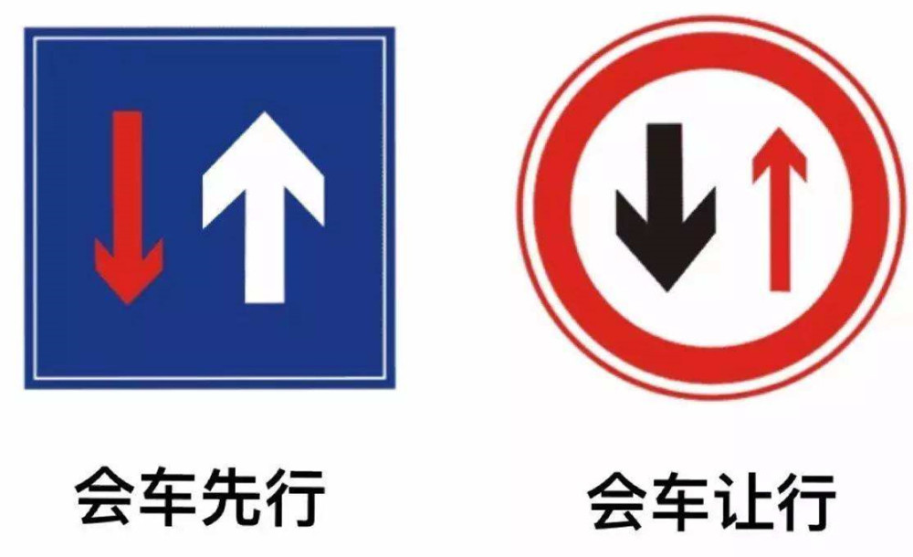 "单行道"标志的外框是长方形,"只准直行"的外框是圆形 会车先行vs