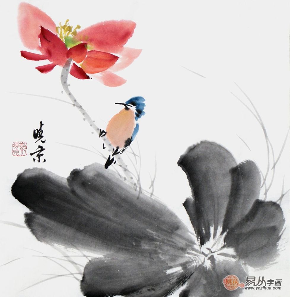 画家郑晓京写意荷花作品《朱红三色荷》(作品来源:易从网)