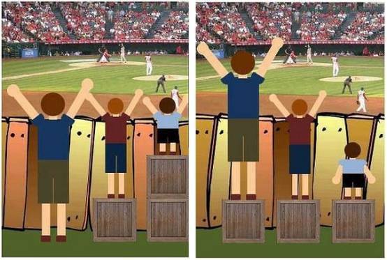 一张经典的图：左边是公正，右边是平等。陈睿源展示了这张图来说明二次元玩家的特点：二次元用户大多数更希望平等，也就是0氪玩家也可以与付费玩家站在基本一样的起跑线上，得到同样价值的物品，玩家脸好，可以少付费；玩家脸差，就要多付费。