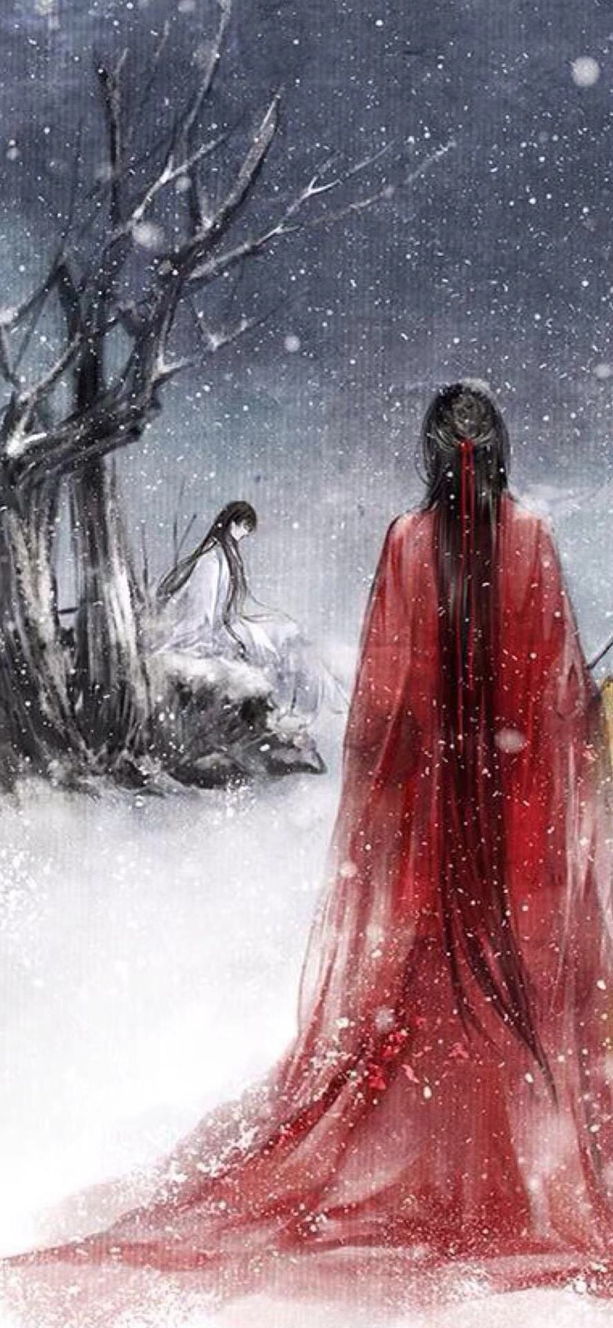 这个雪中的背影真的是非常的悲伤,虽然是红衣但是并没有喜庆的感觉