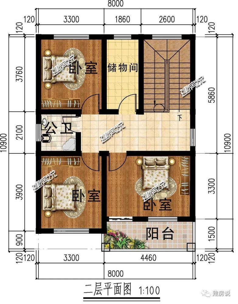 二层:3个卧室大小适中,宜居住;卧室外的阳台设计,利于通风与采光.
