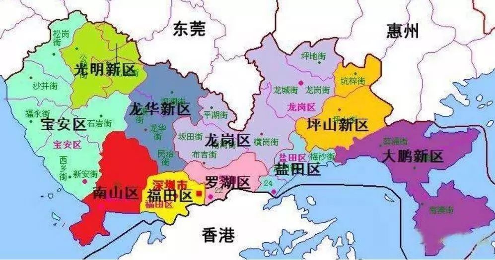 深圳行政区划图,其中龙华,坪山已经成为正式的"区"