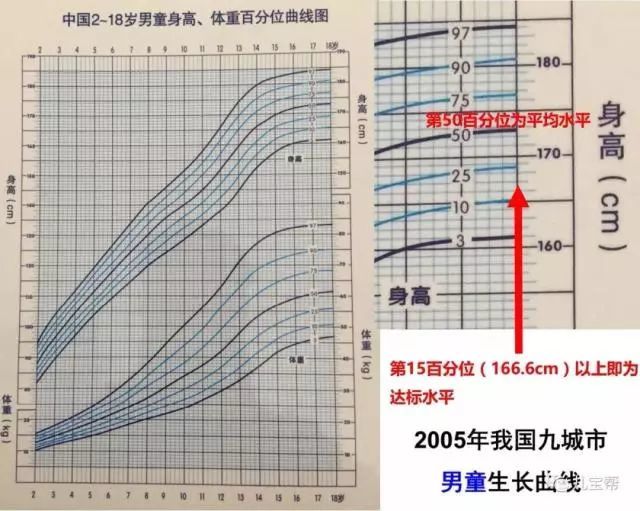 蓝色的上图为男孩,第15百分位的生长曲线对应的成年身高为166.