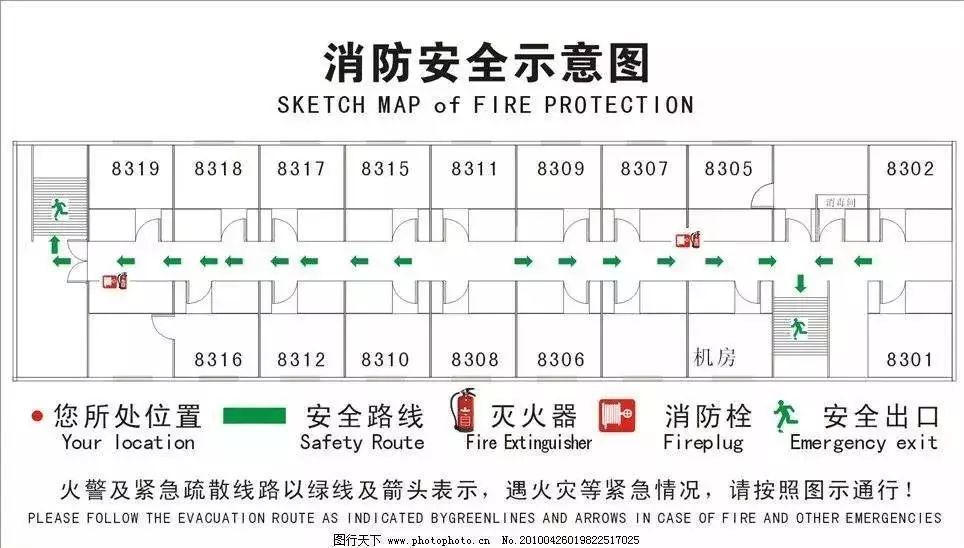 住前要查看客房门后的紧急疏散路线图,了解自己所处的位置,疏散通道
