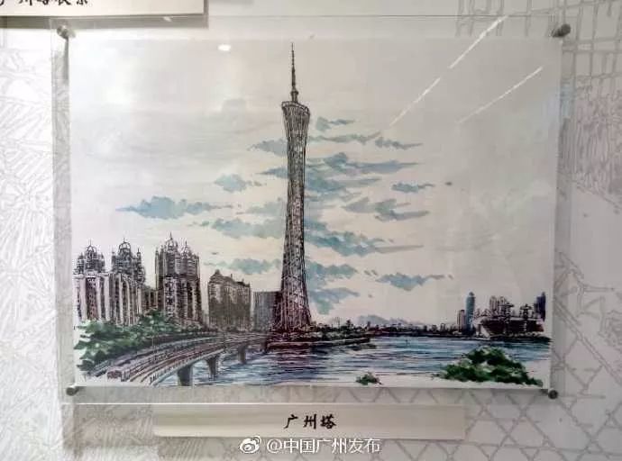 手绘的上下九,五羊雕像,广州塔.
