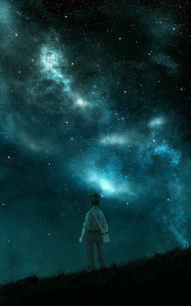 插画,星空,流星,小狗,情侣