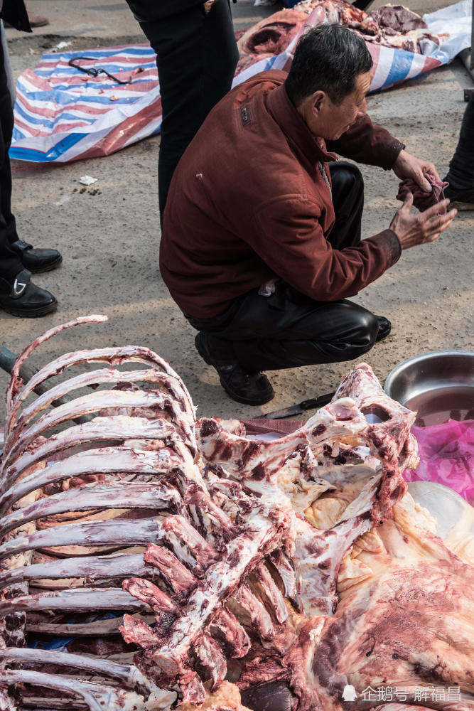 腊月集市上农民现场宰牛卖肉,一天赚千元,看看他是怎样做的