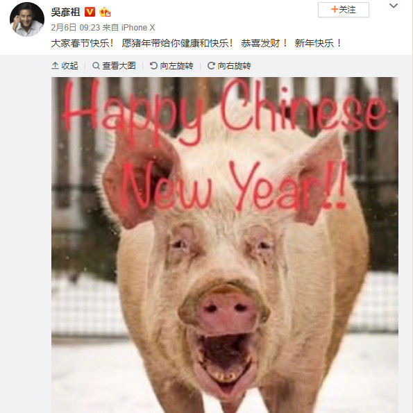 吴彦祖发丑猪照拜年引发争议,网友:长得帅就可以"为所