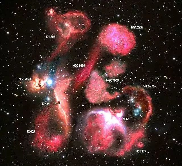 马头星云(ic434),火焰星云(ic405),加州星云(ngc1499),玫瑰星云(ngc